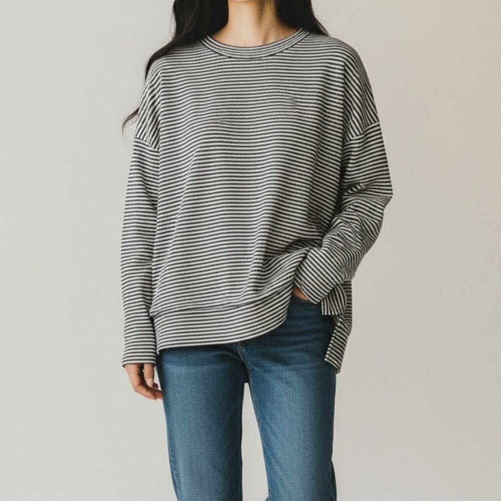 Zara Oversized Striped Long Sleeve High Low Hem Stretch Top Small Black Grey